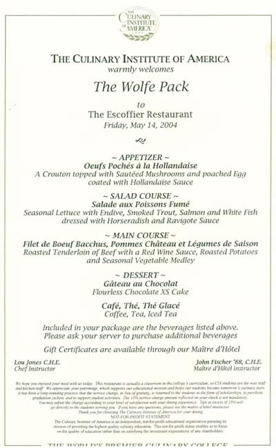 Culinary Institute of America Wolfe Pack Menu